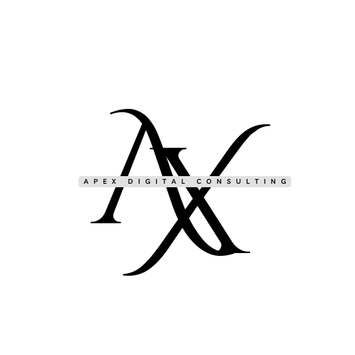 This logo features an elegant, minimalist design for a brand named Apex Digital Consulting. The visual identity is built around a stylized monogram where the letters "A" and "X" are interwoven in a sophisticated, serif-style calligraphy. The "A" has a graceful, sweeping curve on its left leg, while the "X" crosses through it, creating a sense of connection and structure. A clean, horizontal gray bar strikes through the center of the monogram, housing the full name "APEX DIGITAL CONSULTING" in a modern, spaced-out sans-serif font. The black-on-white color scheme gives the logo a timeless, professional, and high-end feel, suitable for a strategic consultancy or agency.